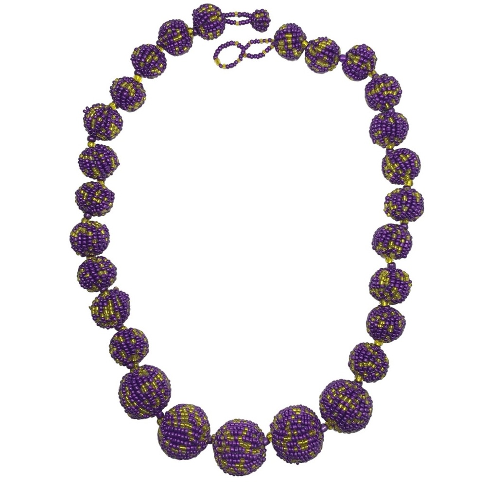 Purple & Yellow Seed Bead Balls Handmade Statement Necklace